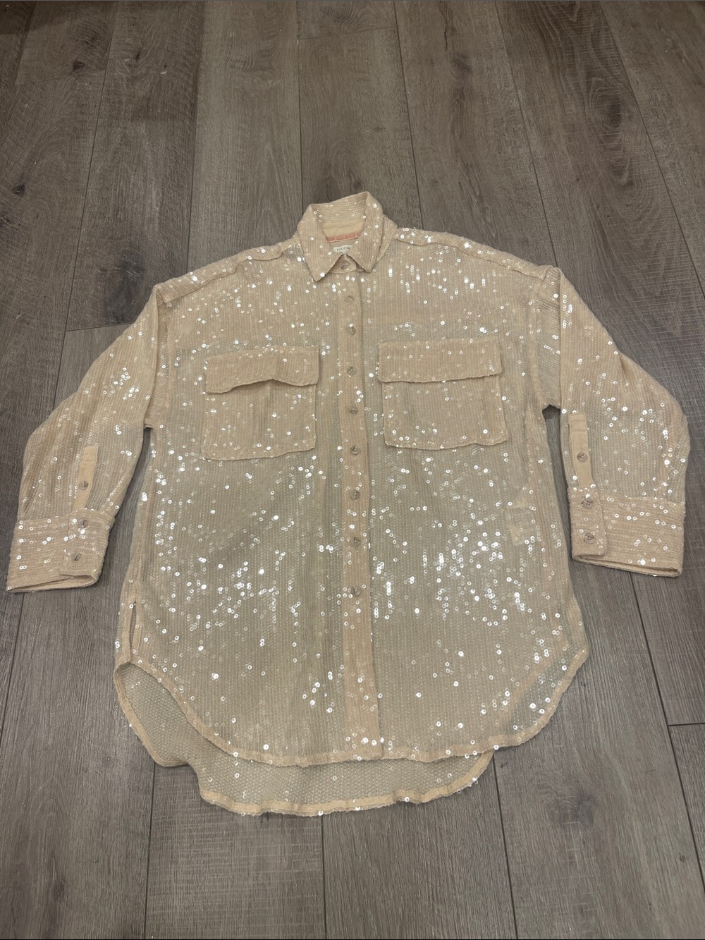 Pilcro Champagne Sequin Collared Button Down Shirt In Ivory Size XS